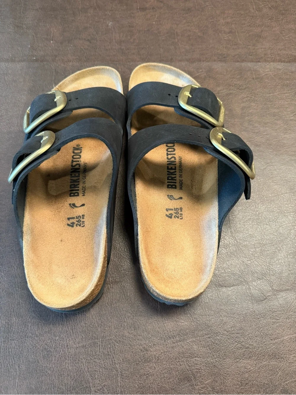 Birkenstock Arizona Two-Strap Sandals in Black with Brass Buckles - Picture 2 of 6